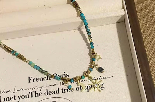 Boho Style Natural Stone Necklace with Star & Moon Charms