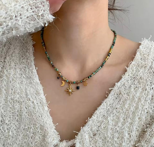 Boho Style Natural Stone Necklace with Star & Moon Charms